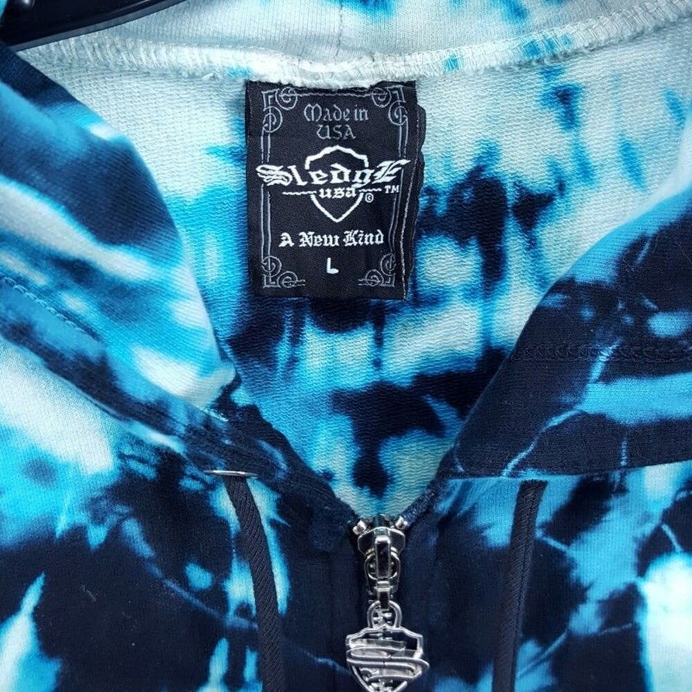 SLEDGE USA Vintage Hoodie Womens Large Blue Zip Tie Dye Rhinestone Tunic Y2K - Picture 5 of 10